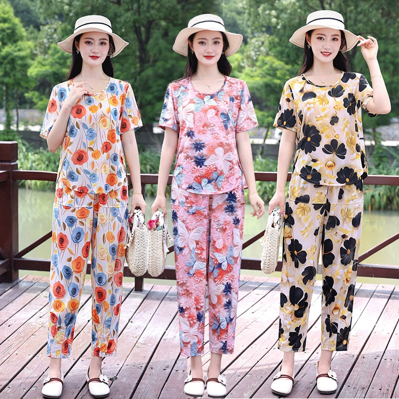 Среднего и пожилого летнего костюма с короткими рукавами новая мода иностранная свободная топа повседневные брюки мама из двух частей