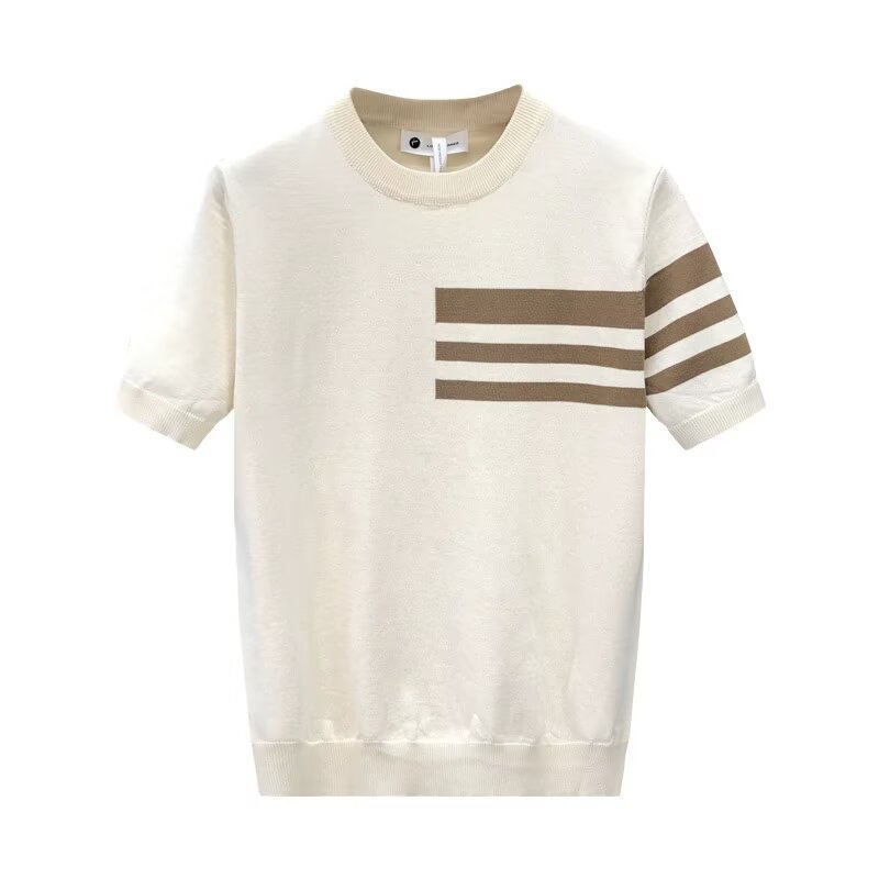 Herren-Strickshirt mit schmaler Passform, kurzen Ärmeln, gestreift, Business Casual, aus Eisseide, im Stil der alten Schule, schlichter, eleganter Sommerpullover_voghion.com