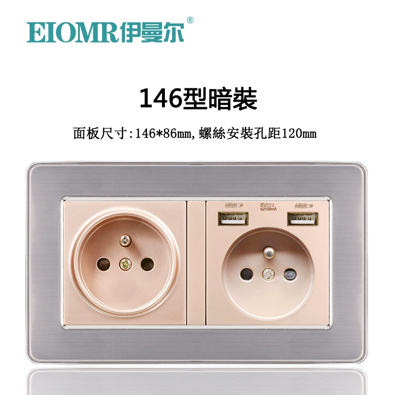Dual European socket panel 16A, dual USB charging, multiple finishes (German/French, glass/metal)