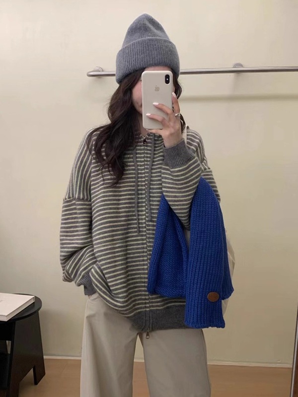 韩系复古条纹连帽宽松大版毛衣外套女秋冬新款长袖拉链针织开衫潮|undefined