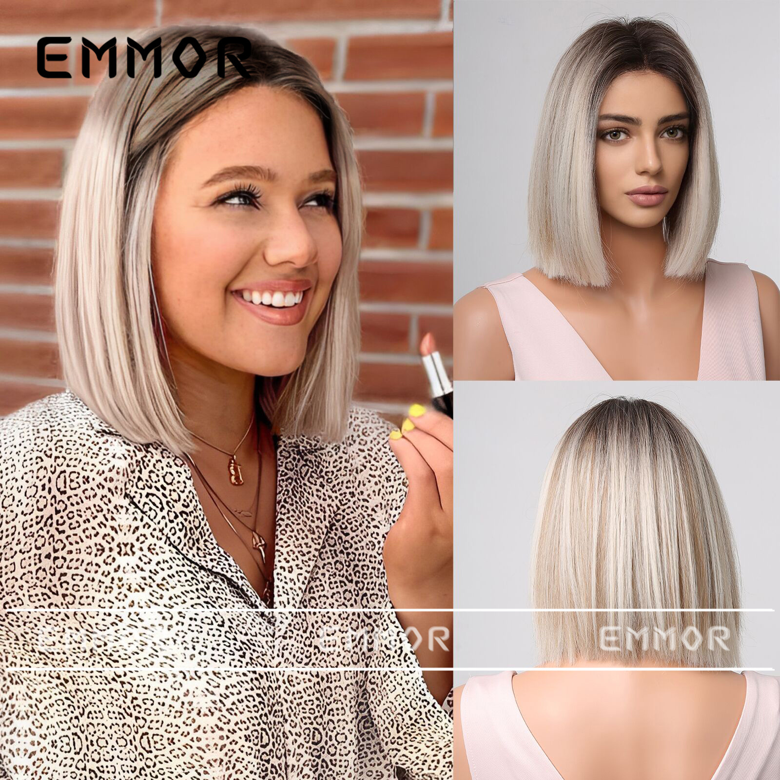 Emmor Amazon transfronteriza nueva peluca medio gris pelo corto recto cabeza de Bobo cabeza completa cubierta de la fábrica de Ventas Directas