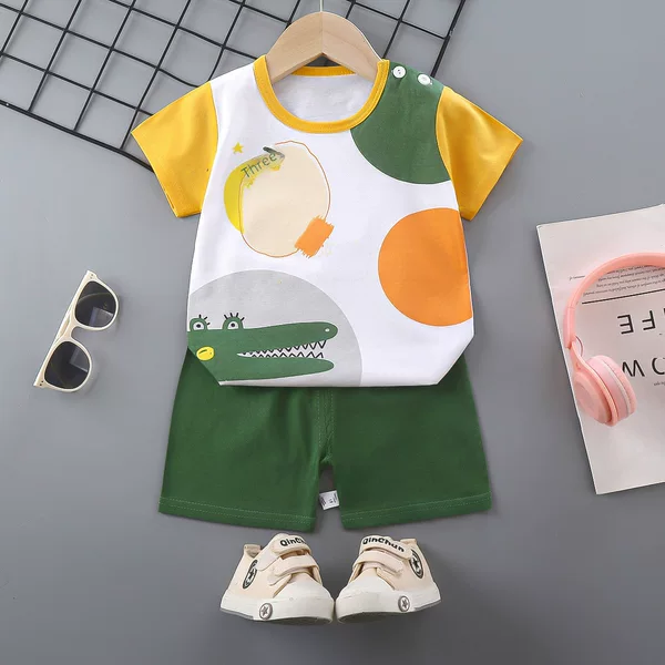 Children's Short-Sleeved Suit Pure Cotton Girls Summer Clothes Boys T-Shirt Baby Baby Clothes Korean Style Kidsren's Clothing 2025 New Style
