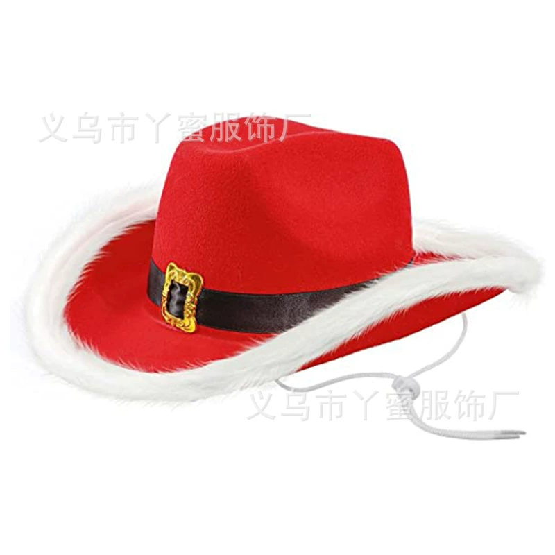 Ковбойская шляпа Санта-Клауса от производителя Amazon, белая, с меховым краем, вестерн, с перьями, рождественская ковбойская шляпа