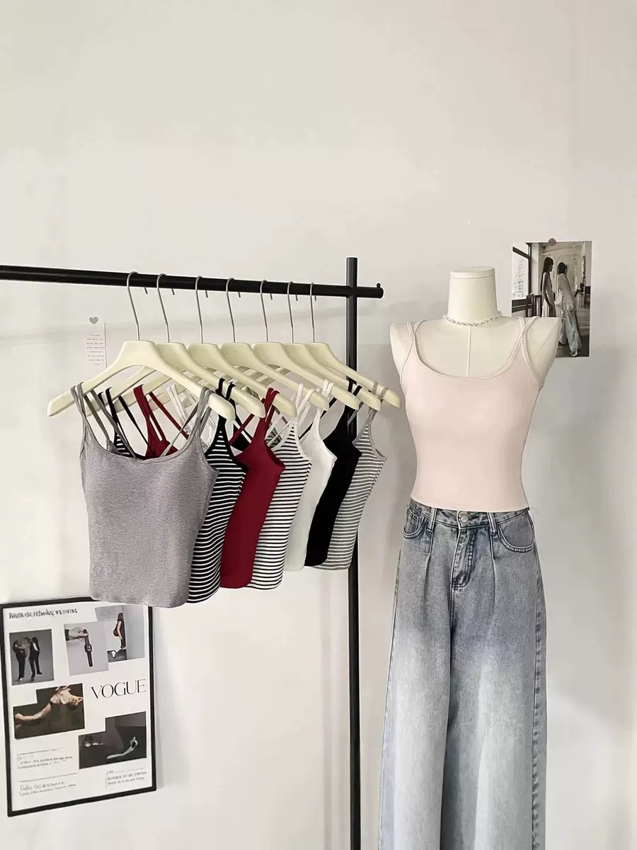 Poetic Charm: Hollow-Out Cross-Back Strap Tank Top, Slim Fit, Flattering, with Chest Pads, Striped Camisole