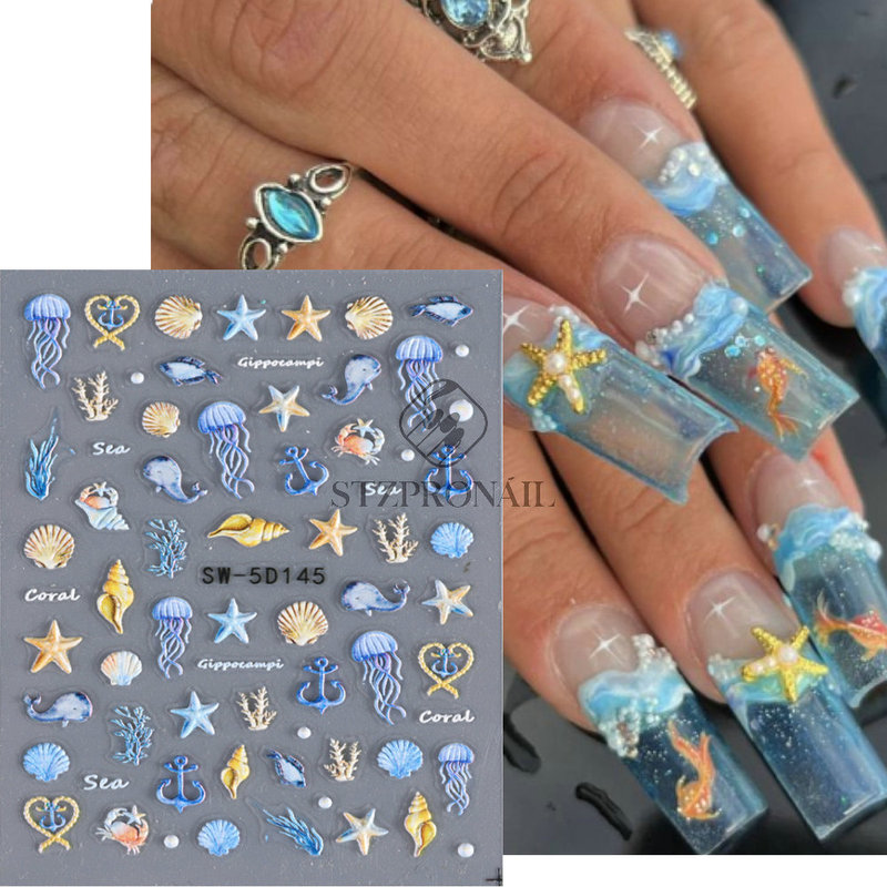 Cross-border New Nail Art Stickers Ins Summer Ocean Wind 5D Embossed Stereo Starfish Jellyfish Shell Nail Stickers