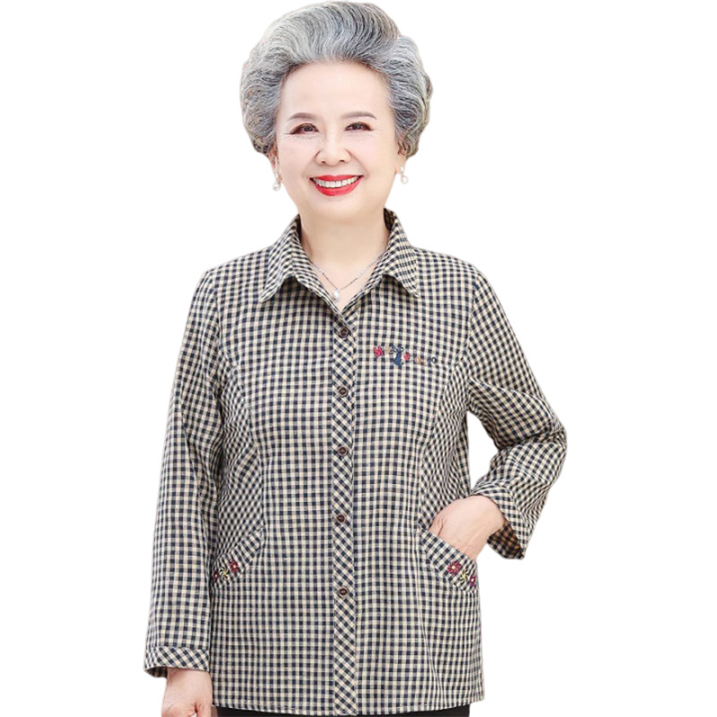 Middle-aged and old mother spring long sleeve plaid shirt 60-year-old 7080 grandmother spring and summer old man clothes wife shirt