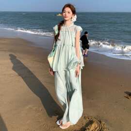 浅绿色盐甜系穿搭减龄雪纺娃娃衫套装夏新款休闲阔腿裤两件套度假