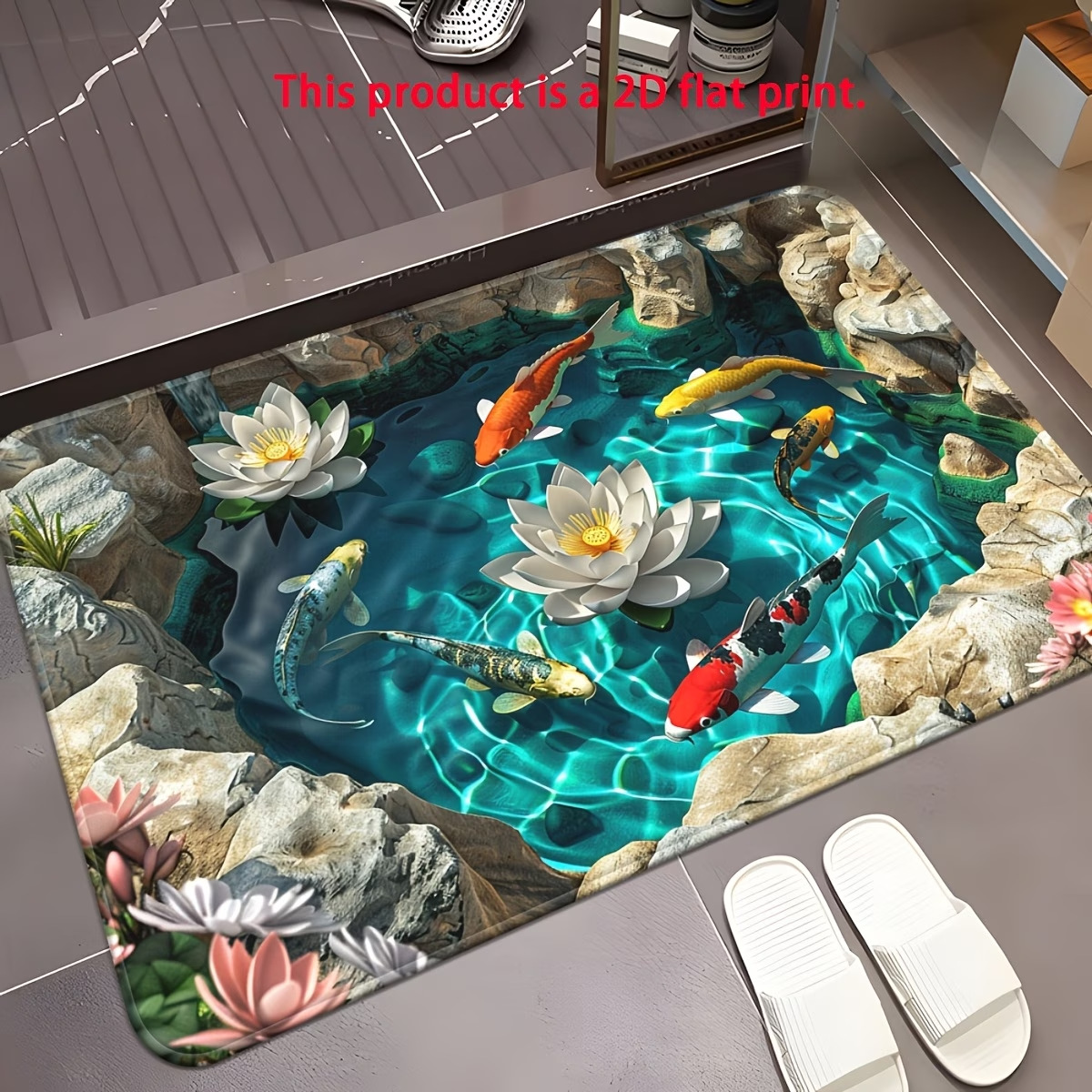 Small Area Rug、Anti-Slip Rubber Back Temu3D Koi Fish Diatomite Bath Mat, Water Absorbent, Non-Slip, Quick-Drying, Dirt-Resistant, Wear-Resistant Door_voghion.com