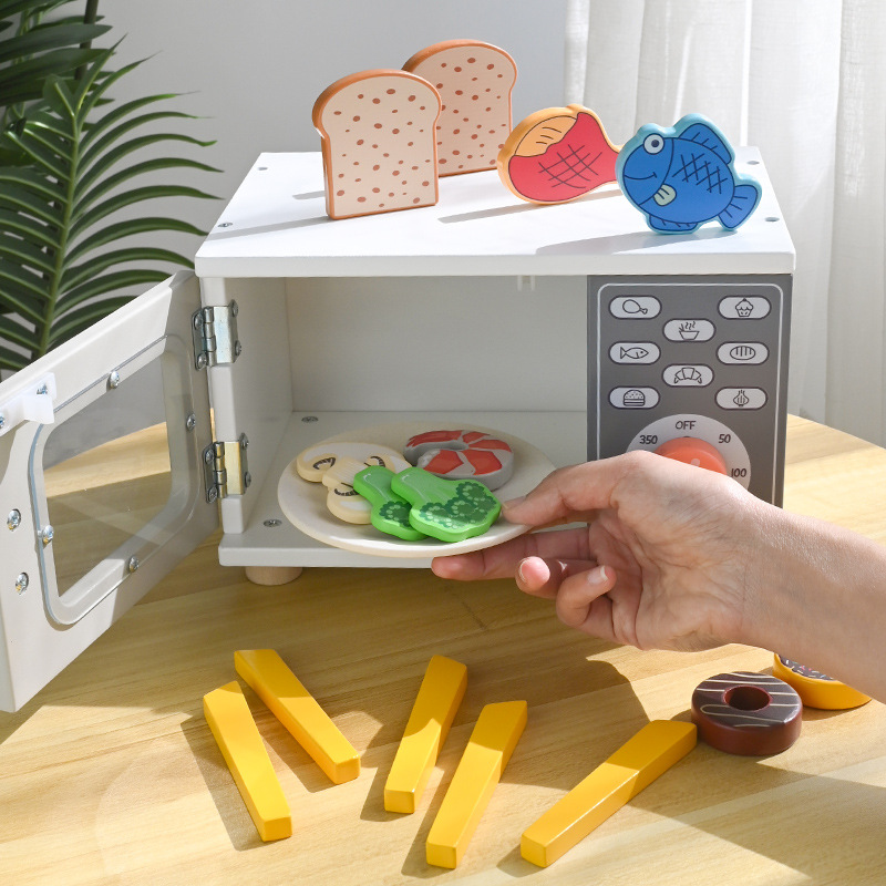 La educación temprana de los niños de madera divertido pan hornear postre simulación traje de cocina horno de microondas cocina jugar casa Juguetes