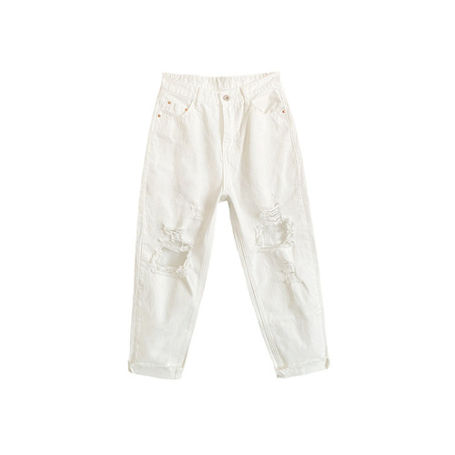 Ripped Denim Jeans for Women: Spring/Summer Straight-Leg, Loose-Fit, High-Waisted, Distressed, Chic, & Trendy Dad-Style Cropped Pants