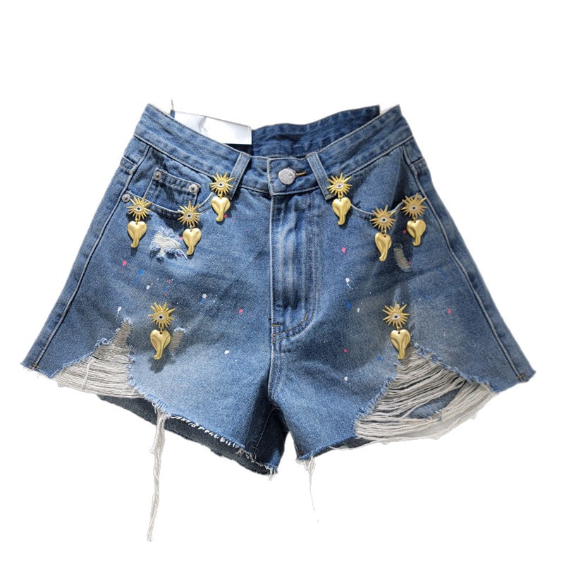 Shorts de Mezclilla con Adorno Metálico Mezclilla y Poliéster Tiro Alto Pierna Ancha para Verano