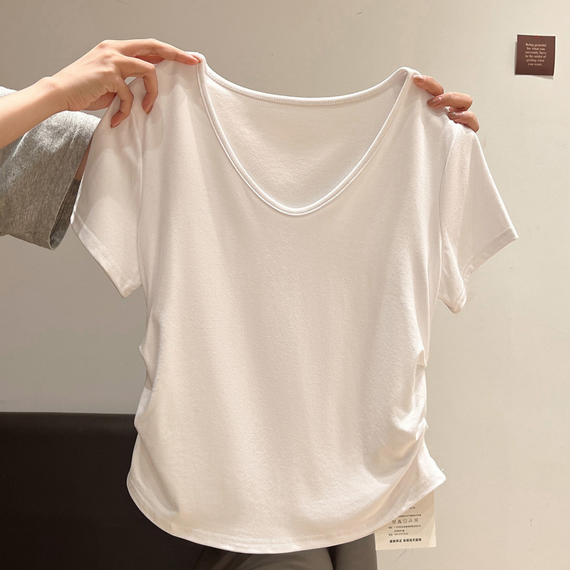 Loose V-Neck Short-Sleeved T-Shirt for Women 2026 New Summer Style with Irregular Pleated Design Slim Fit Casual Top