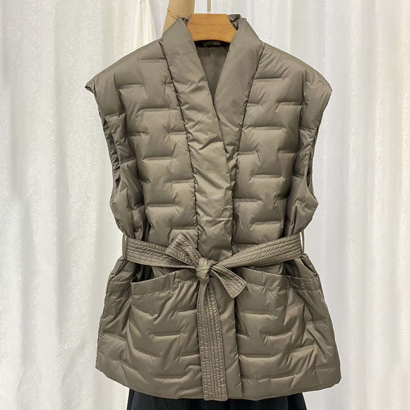 Cross-Border Autumn and Winter New Fashion Deep V Neck Laminated down Jacket Vest Women's Short Belt Style White Duck down Vest Trendy