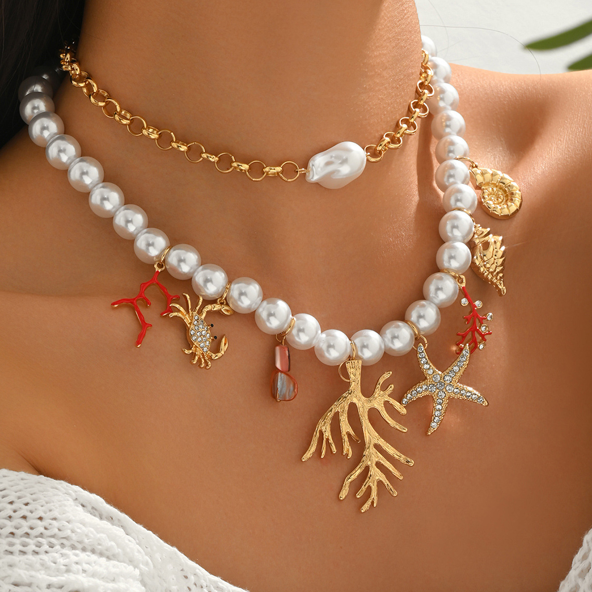 Collar estilo océano para mujer con coral cangrejo y estrella mar_voghion.com