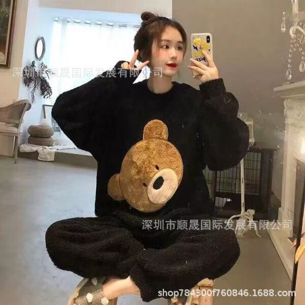 Cross-Border Popular 3D Teddy Bear Women's Plush Fleece Pajamas Set - Warm and Comfortable Winter Home Leisure