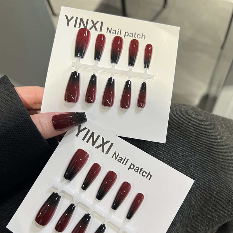 プレハブの黒い赤いグラデーションの逸品の服装式の爪のギャルの長い台形の新型のネットの赤い吟希の偽の爪のパッチ|undefined