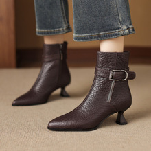 法式真皮靴子女2025年新款秋冬单靴气质女鞋5cm中跟细跟尖头短靴