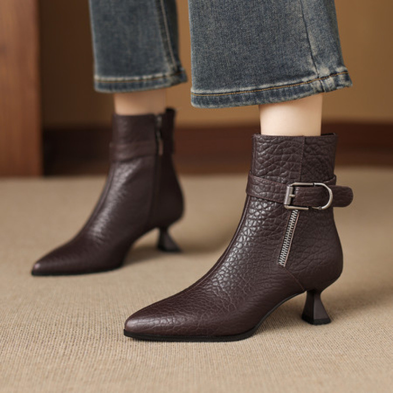 法式真皮靴子女2025年新款秋冬单靴气质女鞋5cm中跟细跟尖头短靴