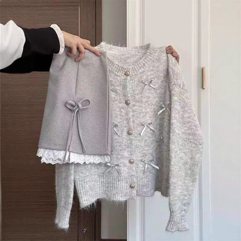 Cross-border Korean-style slimming all-match age-reducing retro bow small fresh cardigan sweater coat elegant sweater women's sweater