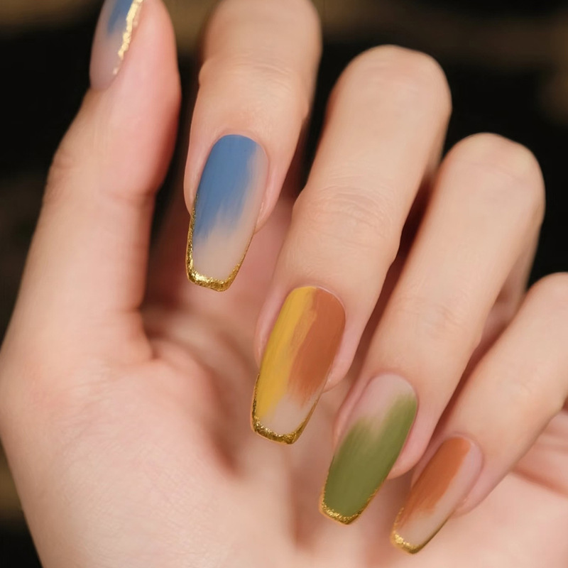 European and American Macaron Contrasting Color Manicure, Sweet and Cool Artistic Style Gold-Rimmed French Wear Nails, 24-Piece Fake Nail Patches