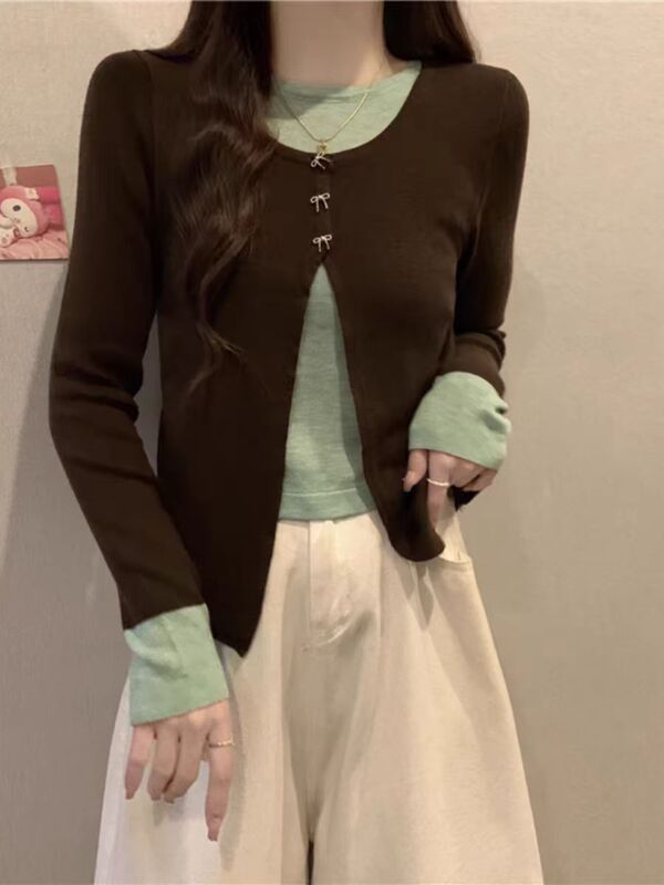 韩版设计感撞色假两件别致减龄针织衫长袖女款秋季百搭气质上衣潮|undefined