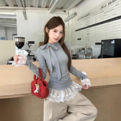 2025秋季新款韩系时尚百搭设计感蕾丝假两件系带长袖T恤上衣女潮