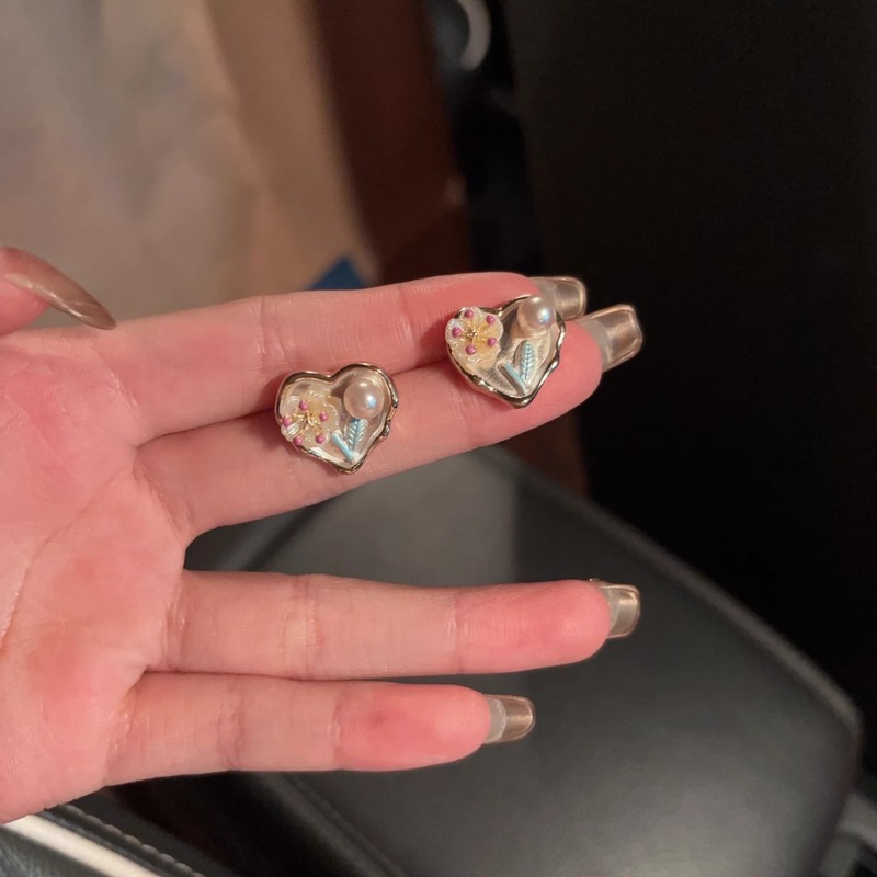 法式复古花朵珍珠爱心耳钉轻奢小众精致耳环莫奈花园油画风耳饰|undefined