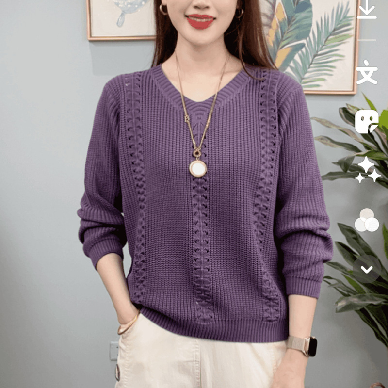 Middle-aged mother's western style V-neck knitted sweater women's spring and autumn new women's clothing all-match slimming solid color base shirt for women Middle-aged mother's western style V-neck knitted sweater women's spring and autumn new women's clothing all-match slimming solid color base shirt for women