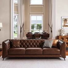 美式复古风简欧油蜡头层牛皮沙发别墅小户型客厅直排拉扣真皮沙发