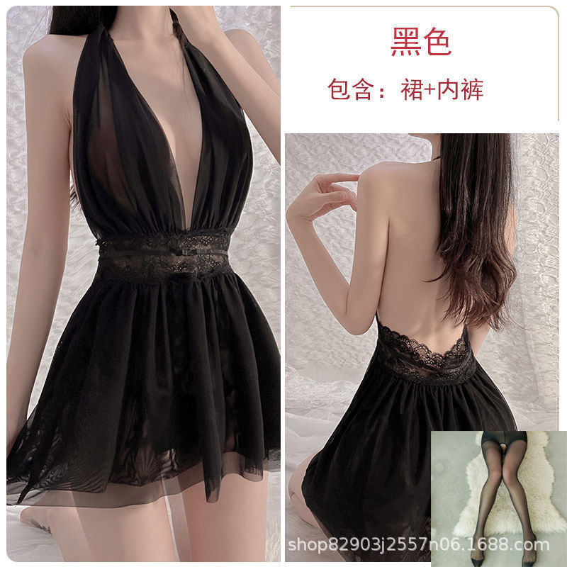 검정색 잠옷 원피스 + 팬티 + 검정 오픈 크로치 스타킹 q1500