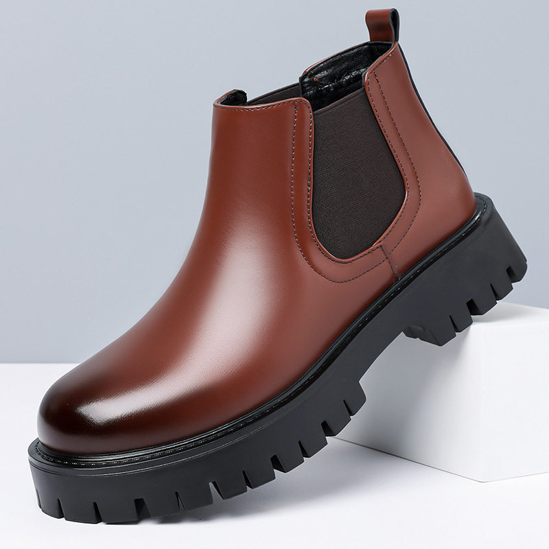 Giày bốt Martin nam cổ cao da lì, kiểu Chelsea, đế thấp 1–3 cm — Da nâu, Da đen