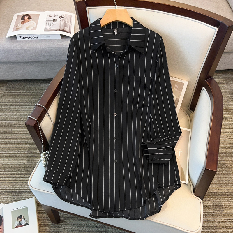 high quality Plus Size Tencel Shirt Spring and Summer 150.00kg chubby girl Top Black Striped Shirt Women's Flesh Covering Slim high quality Plus Size Tencel Shirt Spring and Summer 150.00kg chubby girl Top Black Striped Shirt Women's Flesh Covering Slim