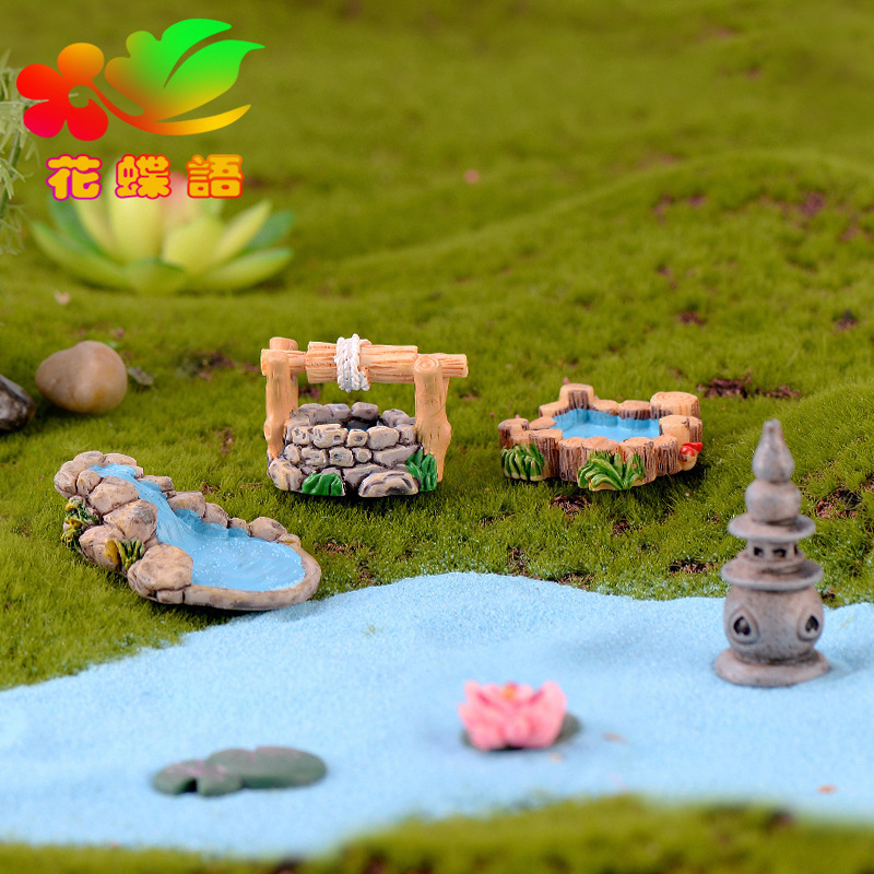 微景观复古仿古树脂场景摆件 西湖灯塔 水井水池 小桥流水草地|undefined