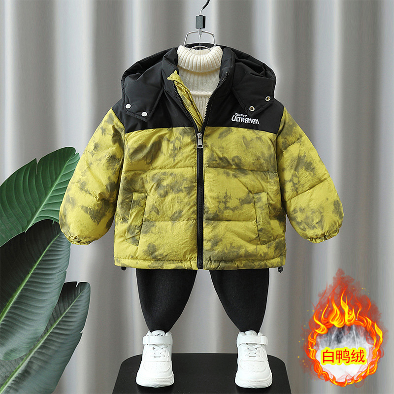 6613 Ultraman chaqueta de plumón para niños invierno 2025 nuevo estilo bebé guapos ropa de invierno cálido para niños marea de plumón de pato blanco