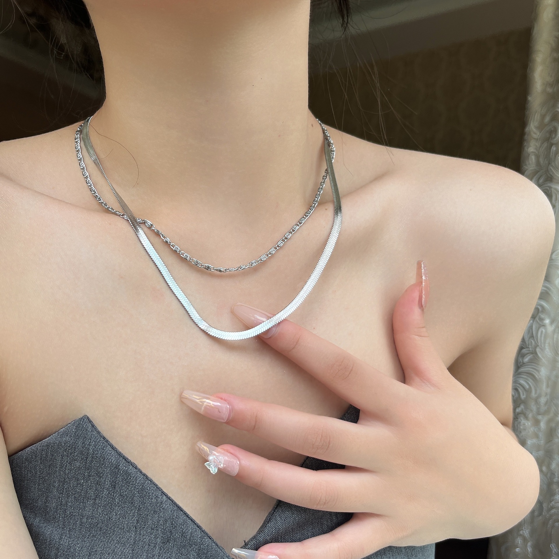 Fashion Solid Color Titanium Steel Layered Necklaces Stainless Steel Necklaces