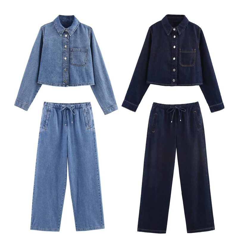European and American Cross-Border Women's Clothing Wholesale Women's Denim Short Shirt Mid-Waist Wide-Leg Jogging Pants