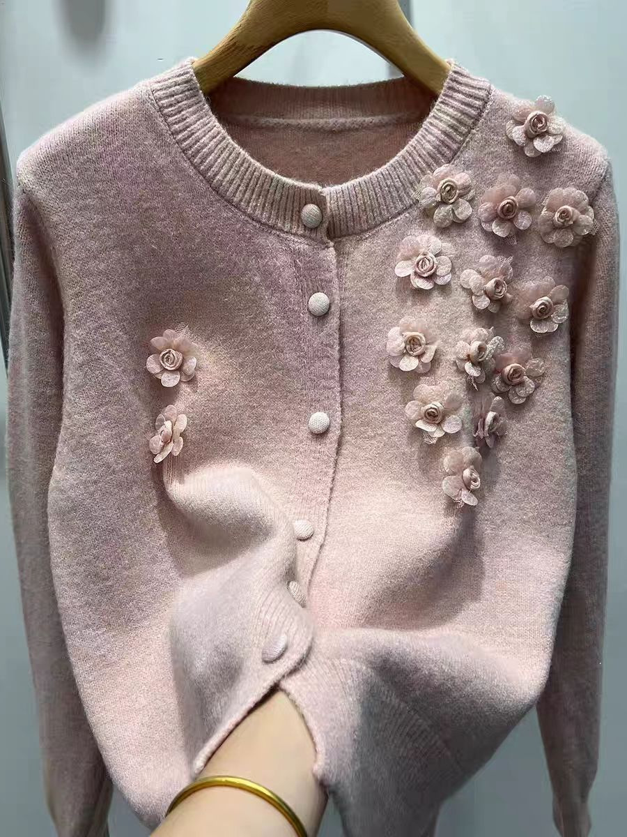 2026 otoño nuevo cuello redondo ropa de mujer flor tridimensional jersey de punto suéter abrigo de otoño superior image 5