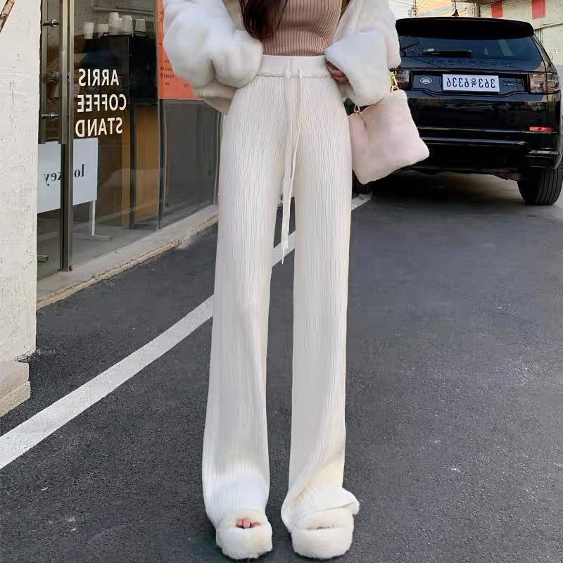 Pantalón Tejido de Tiro Alto y Corte Recto de Mezcla de Caxemira