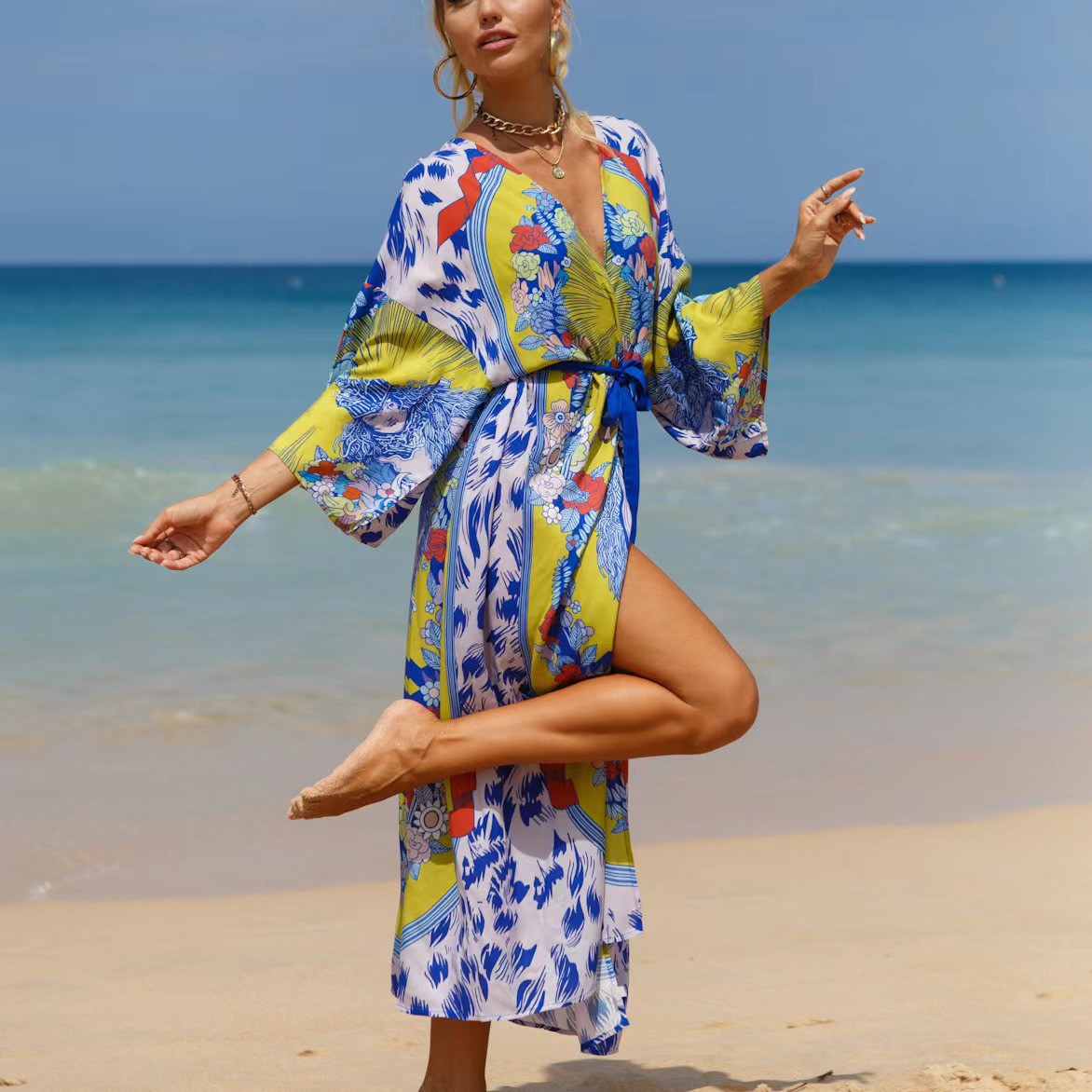 Transfronterizo Amazon nuevo rayón impreso playa kimono playa vacaciones sol protección ropa bikini blusa