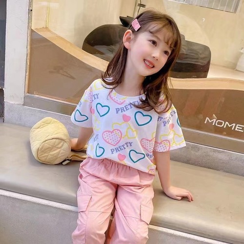 2024 new girls summer short-sleeved T-shirt pure cotton baby casual children's clothing foreign fashion love round neck top