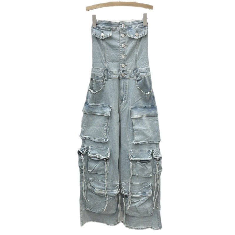2025 primavera un botón de bolsillo delgado europeo y americano chica caliente herramienta de estilo jeans elástico pantalones recto de pecho