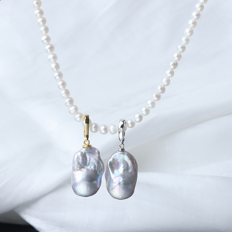 灰色魚尾巴洛克珍珠吊墜萬能扣天然淡水異形通體S925純銀