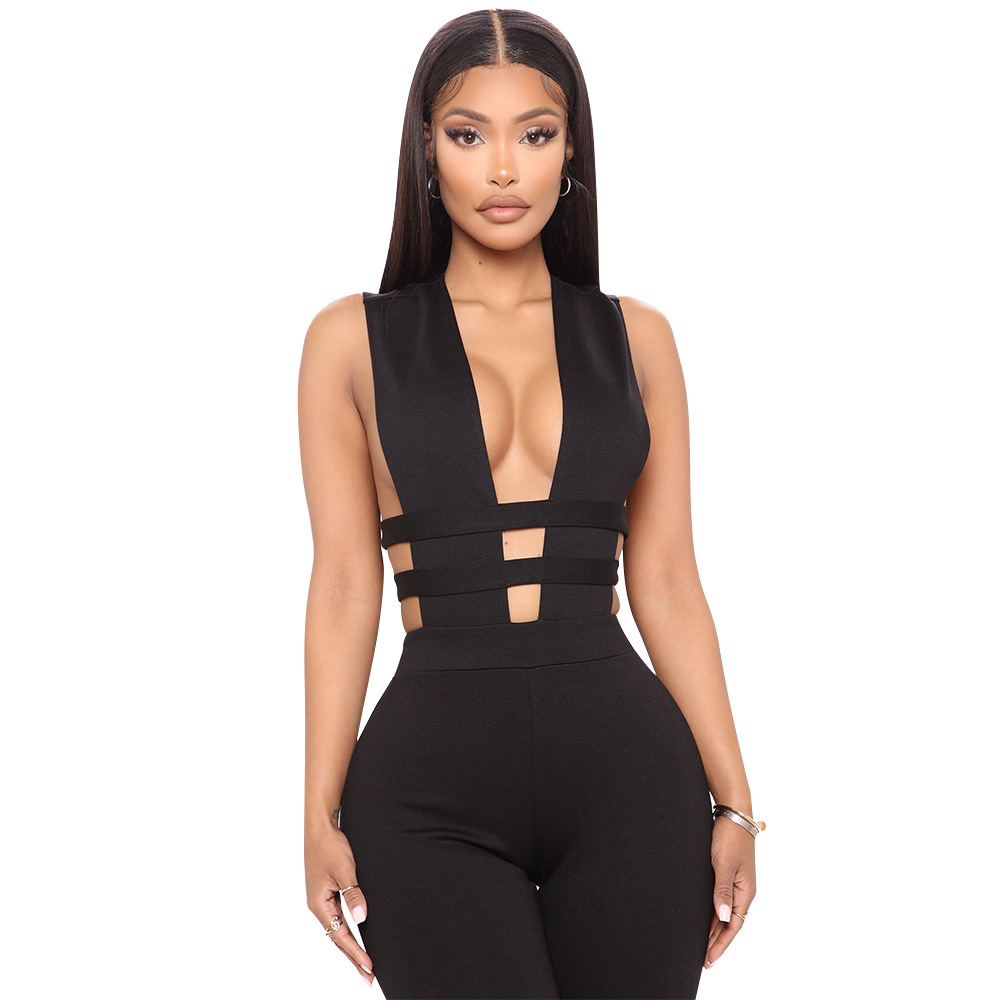 Hollowed-out Stitching Sexy V-neck Sleeveless Tight Jumpsuit - Jumpsuits & Rompers - Uniqistic.com