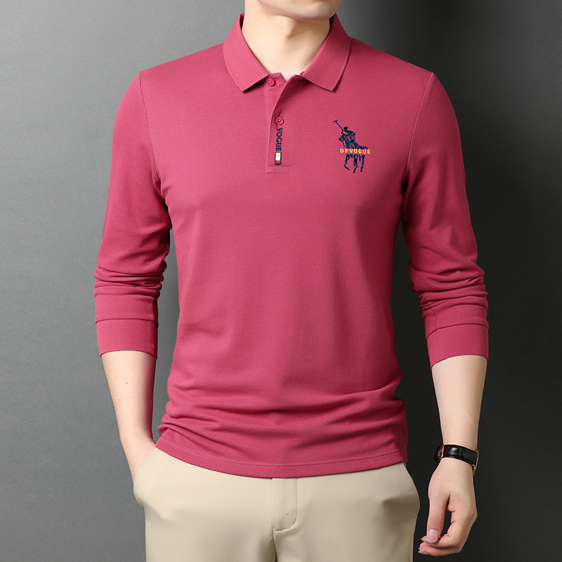 Camiseta de manga larga de los hombres camisa de polo de solapa de color sólido 2023 primavera y otoño bordado de negocios superior camisa de fondo camiseta de los hombres