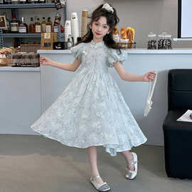 24夏季新款中大童新中式国风刺绣泡泡袖连衣裙女孩洋气表演服长裙