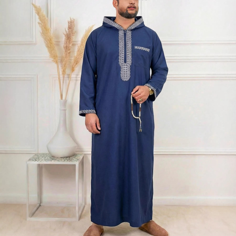Cross-Border Foreign Trade Men's Long Robe with Embroidery, Hooded Zipper Design, Men's Long Shirt, Holiday Dress