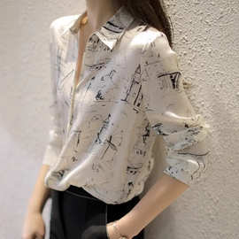 日系轻奢白色雪纺衬衫女新款设计感小众水墨涂鸦印花长袖百搭衬衣