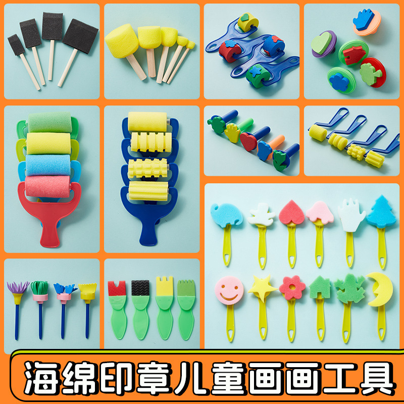 Children's Painting Sponge Brush 4 Sets Mushroom Stick Finger Painting Pigment Sponge Stamp Children's Painting Graffiti Tools