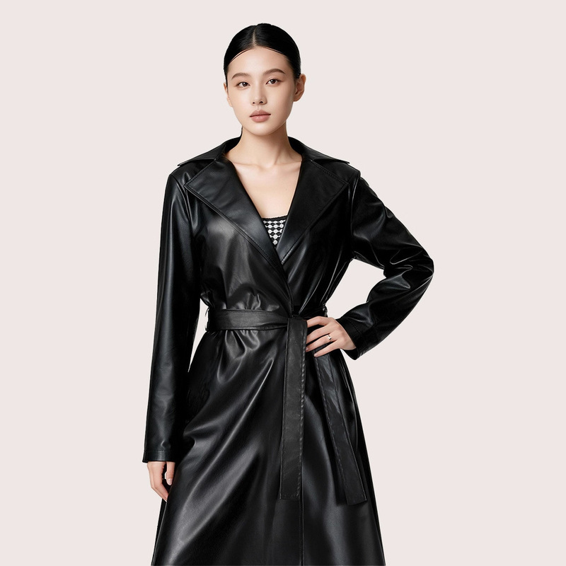 2025 New Cross-Border European and American Amazon Washed Long Pu Leather Trench Coat Jacket for Women, Over-The-Knee Black 2025 New Cross-Border European and American Amazon Washed Long Pu Leather Trench Coat Jacket for Women, Over-The-Knee Black