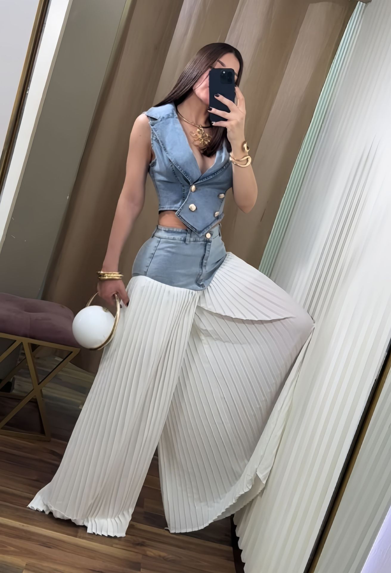 High Waist Denim Skirt And Sleeveless Jacket Two-piece Set_voghion.com